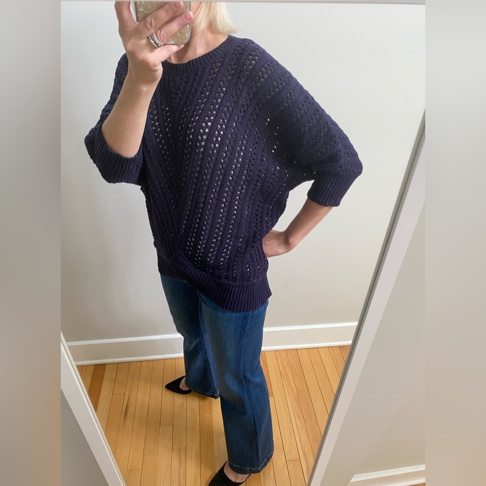 Navy soft asymmetrical open knit sweater by Cupcakes and Cashmere